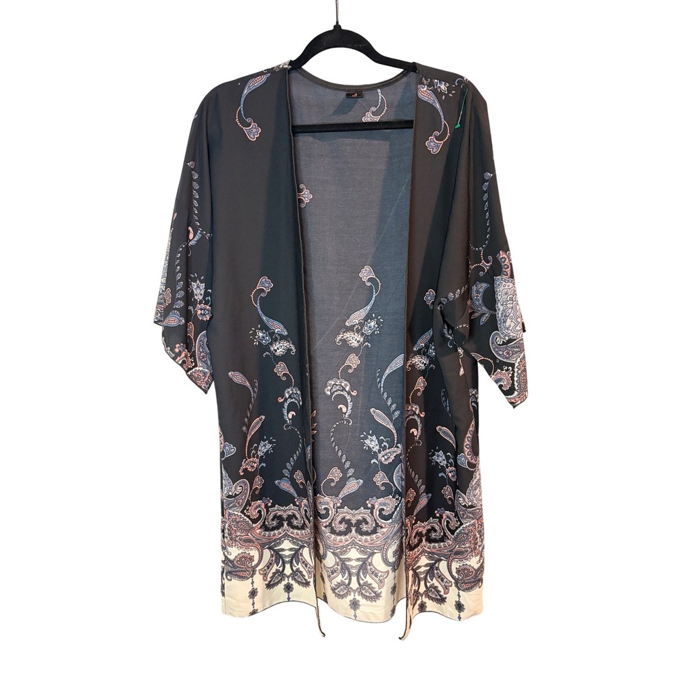 I Joah Paisley Kimono Cardigan Black Pink Boho Open Front Wrap Large